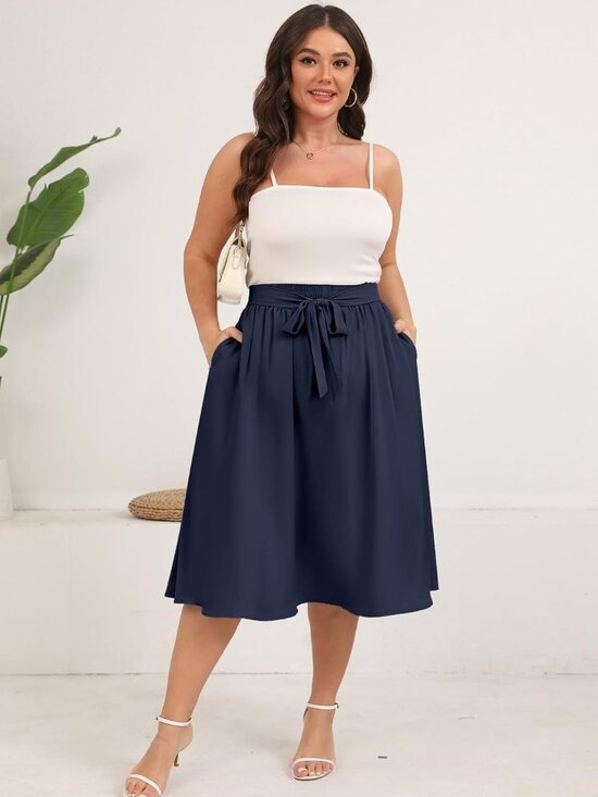 xpenyo Dresses & Skirts - Xpenyo Women's Plus Size Navy Blue Midi Skirt 2XL High Waist Belted A-Line Pocke